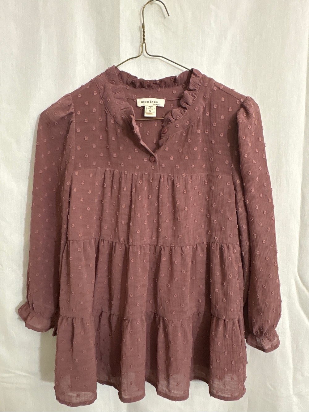 Monteau Mauve Swiss Dot Tiered Ruffle Blouse Size S - Picture 2 of 7